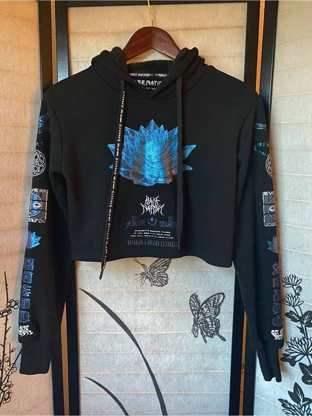 Black Cropped Hoodie with Iridescent Blue Lotus Graphic